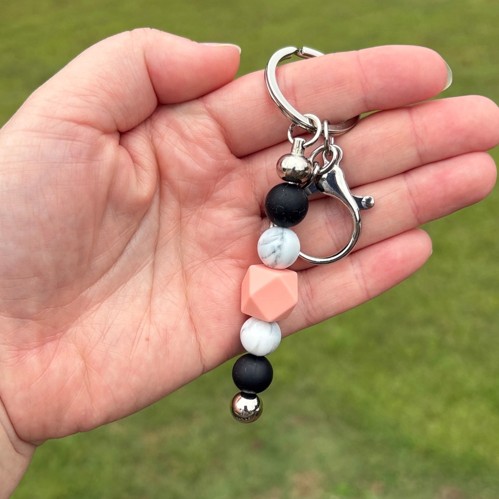 Handmade Silicone Bead Marble Black and White Beaded Keychain
